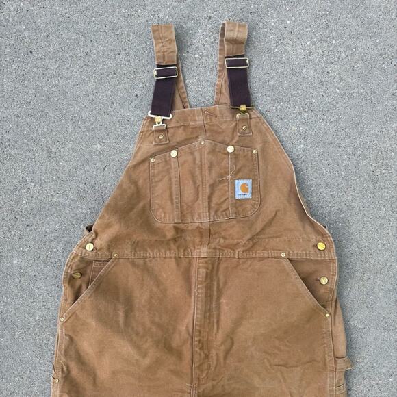 Carhartt Bibs R01 BRN Double Knee Canvas Workwear VTG Y2K Overalls Brown 44x32 - Picture 2 of 10